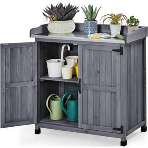 Yaheetech Garden Potting Bench Table, Outdoor Garden Horticultural Wooden Storage Cabinet & Solid Wood Planting Work Bench with Large Space Storage & Metal-Plated Tabletop, Gray