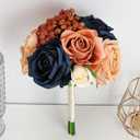 Wedding Bridesmaid Bouquets Set of 4, Artificial Silk Flowers Arrangement for Ceremony Marriage Proposal Party Anniversary Decorations - Burnt Orange & Navy Blue