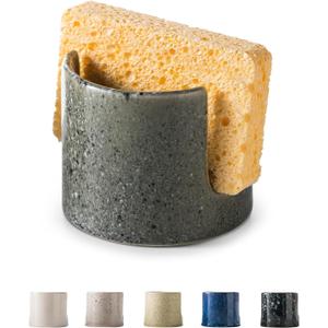 Kitchen Sponge Holder, Ceramic Dish Sponge Holder Scrubby Daddy Farmhouse Dish Rack Brush Holder for Bathroom, Kitchen, Sink, Special Gray (Cylindrical)