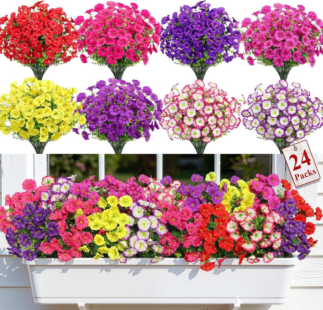 Alupssuc 24 Bundles Artificial Flowers for Outdoors, Faux Spring Flowers for Decoration, UV Resistant Silk Morning Glory with Eucalyptus Realistic Fake Flowers for Yard Planter Porch Garden, 8 Colors
