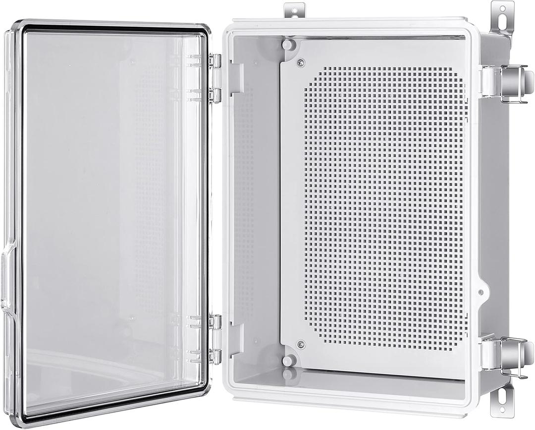Junction Box, IP67 Waterproof Plastic Enclosure for Electrical Project, Hinged Grey Cover, Includes Mounting Plate and Wall Bracket (Transparent Cover, 14.6"10.6"5.9")