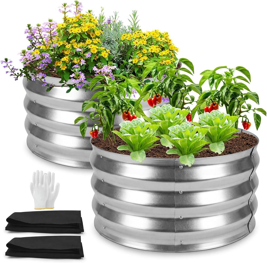 Round Galvanized Raised Garden Bed 2 Pack, 2×2×1ft Metal Planter Box with Fabric Liner Included, Tool-Free Assembly Rust-Resistant Garden Bed for Vegetables Flowers Herbs Outdoor (Silver)