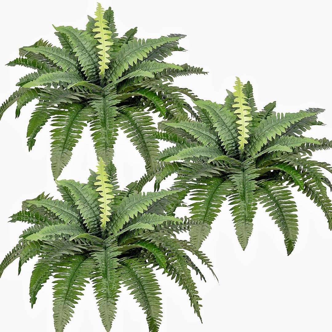 Artificial Boston Ferns Bush Plants Large, Set of 3 Large Artificial Ferns for Outdoors, 33" Faux Ferns for Home Decor Office Living Room Garden Porch