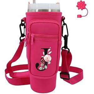 Water Bottle Carrier with Strap for Stanley 40 oz Tumbler, Personalized Initial ID Name Stanley Bag with Phone Pocket, Adjustable Strap, Stanley Cup Accessories (J, Hot Pink)