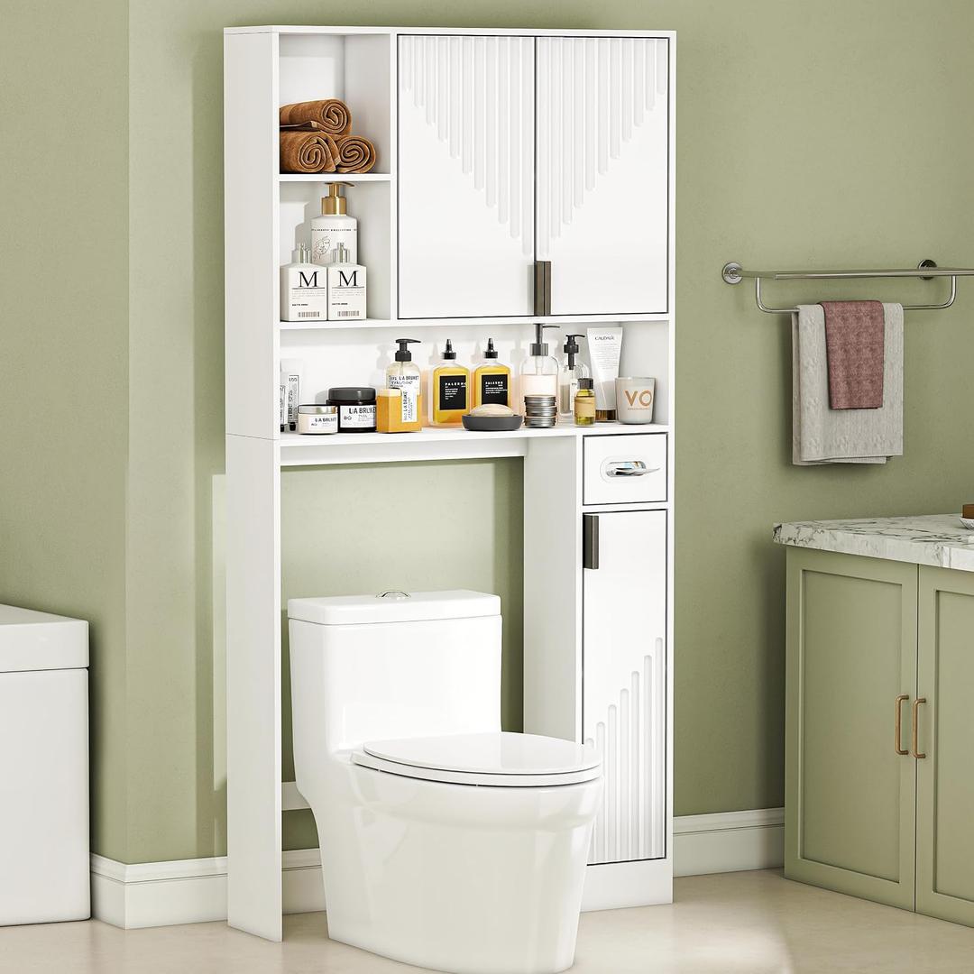 GOODONE White Over The Toilet Storage Cabinet - with 3 Doors and Toilet Paper Holder Stand, FreeStanding, for Bathroom, Restroom, Laundry, 30.7" W x 7.5" D x 65" H