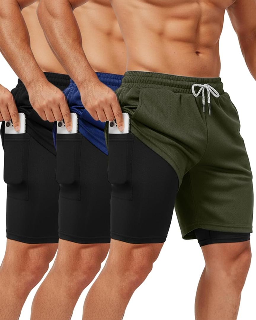 Sureio 3 Pcs Men's 2 in 1 Gym Workout Running Shorts 7 Inch Quick Dry Lightweight Athletic Short with Liner Pocket Towel Loop (Black, Army Green, Royal Blue), S