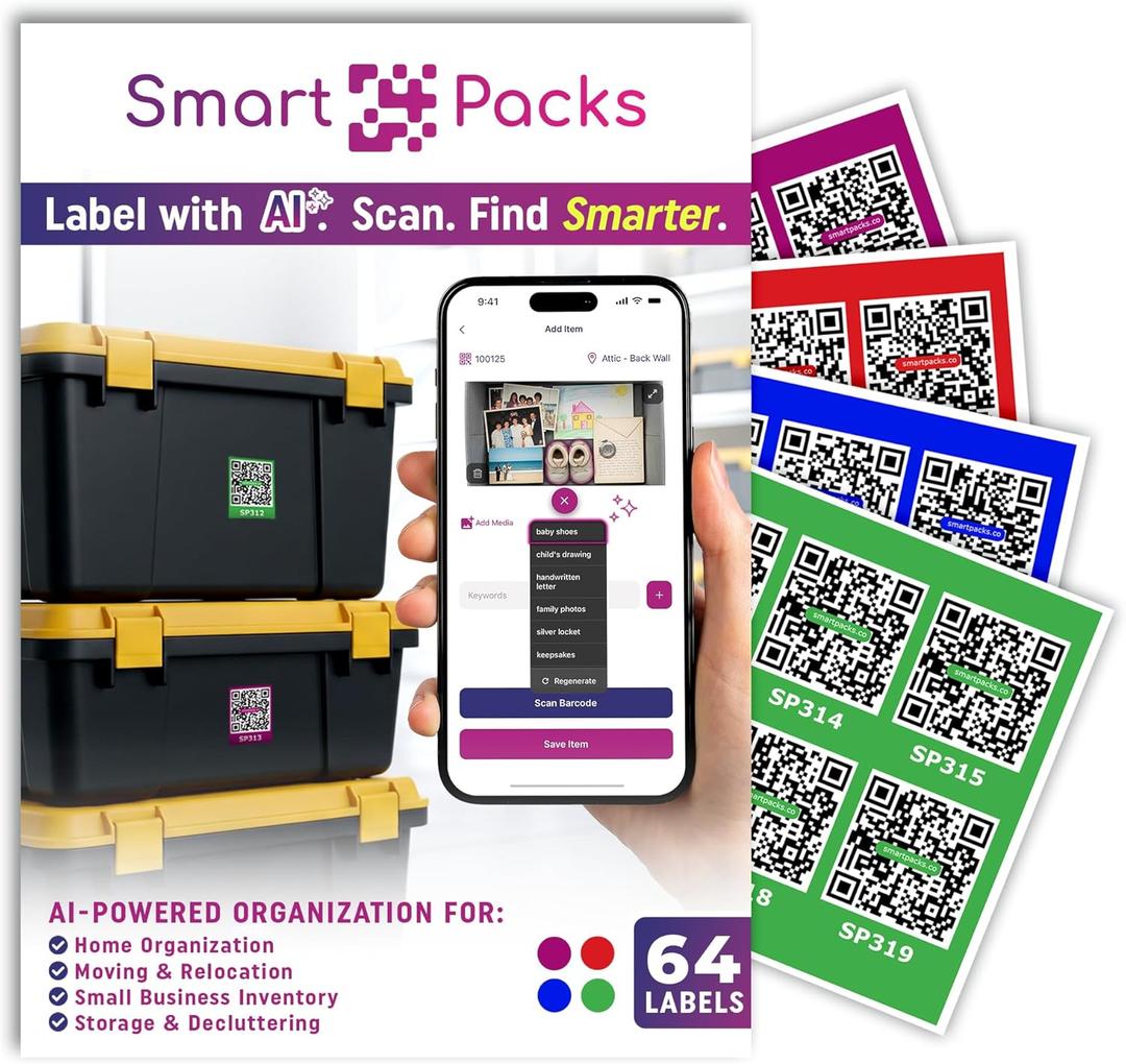 SmartPacks Colored QR Stickers - Premium Smart Labels for Storage Bins with AI-Powered App | Advanced Pack and Track Labels with QR Code for Inventory, Storage, Moving | 64 Stickers