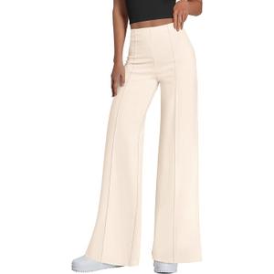 Women's High-Waist Wide Leg Pants - Elegant Off-White Trousers with Side Zipper, Pleated Front, Formal & Casual Wear, Size M