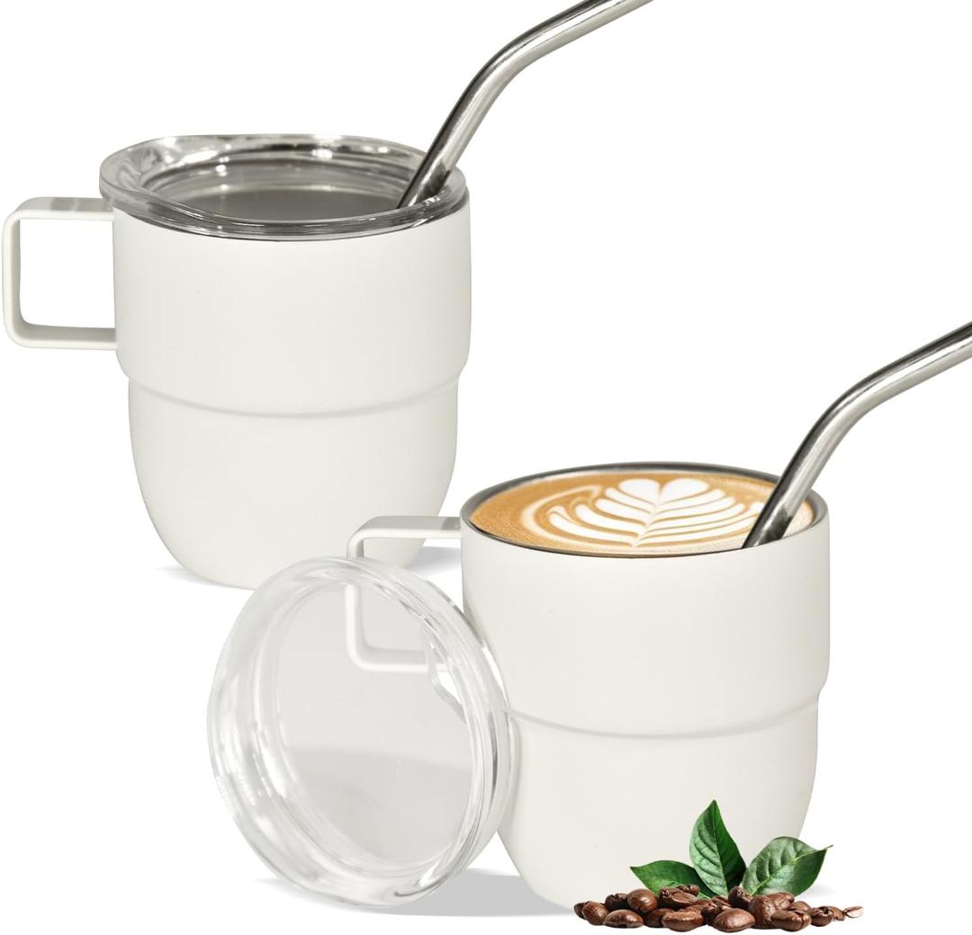 4oz Espresso Cup Set of 2, Insulated Espresso Mug With Lid and Straw, Espresso Shot Glasses with Handle, Double Walled Stainless Steel Small Expresso Shots Cup for Coffee