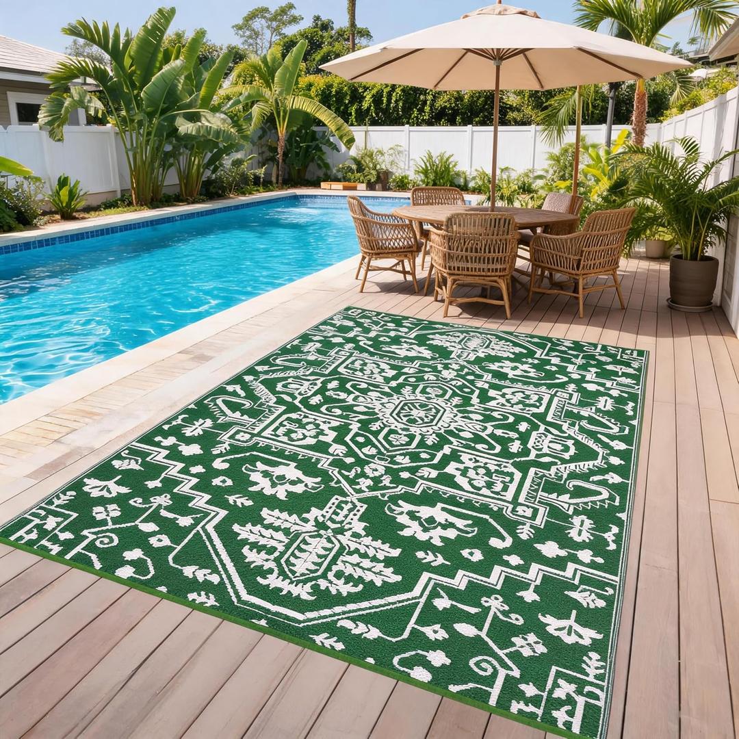 GarveeHome 9x12 Outdoor Rugs Vintage Medal Reversible Plastic Straw Rug UV Resistant Non Shedding Camping Carpet Fold Portable Outside Carpet Mat for RV Porch Backyard Balcony Pool Side, Green White