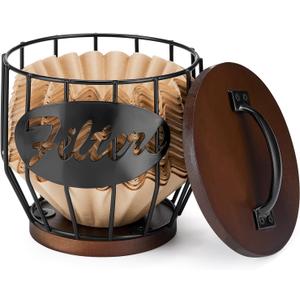 Yangbaga Coffee Filter Holder with Wood Lid, Wood and Metal Coffee Filter Storage Container Basket for Coffee Filters 2-4 Cup, Round Coffee Filter Holder Case for Counter, Coffee Bar Accessories decor (5.35.5in)