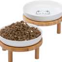Lusifaco Shallow Elevated Cat Bowls,5.9 Inch Wide Raised Ceramic Cat Dishes with Bamboo Stand, Whisker Friendly Pet Water or Food Plates Feeding Station for Indoor Cats, Kitten(White,Set of 2)