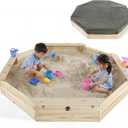 Plum Wooden Large Sandbox with Cover - Outdoor Octagon Sand Box for Kids, Toddler Sensory Toys, Outdoor Wooden Sand Pit with Seat Boards and Bottom Liner, Weatherproof, Easy Assembly, Ages 3+ Years