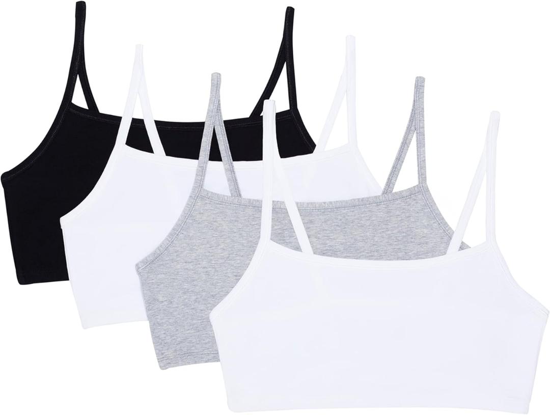 Fruit of the Loom Women's Spaghetti Strap Cotton Pullover Sports Bra Value Pack (Size 34, Black/White/White/Heather Grey 4-pack)
