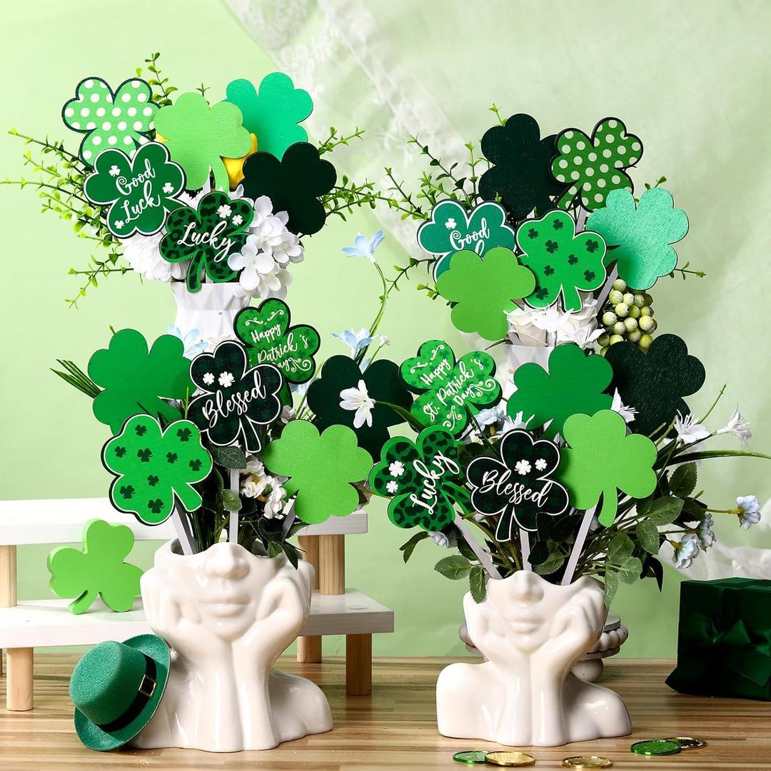 DoubleFill 24 Pcs St Patricks Day Decorations Wooden Shamrock Picks Sticks 8.27" Double Sided Lucky Decorative Branches Shamrock Vase Filler Table Centerpiece for Irish Party Home Decor(Classic)