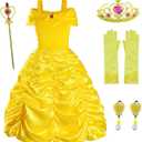 Princess Costume for Girls Birthday Party Fancy Dress Up with Accessories(Crown+Wand+Earrings+Gloves) (6-7 Years, Yellow)