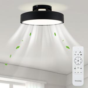 Ceiling Fans with Lights and Remote, Flush Mount Modern Bladeless Ceiling Fan with Light, 6 Speeds, Stepless dimming and CCT 3000K-6000K LED Lights for Bedroom, Study Room (Black, 17.7)