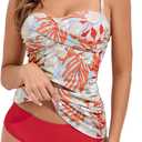 Shuangyu Women's Twist Front Bandeau Tankini Set Two Pieces Ruched Tummy Control Swimsuit with Mid Waist Briefs (Large, Maple Leaf Printing)