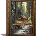 Vintage Gold Framed Forest Wall Art, Retro Mountain Woods Cottage Oli Painting Canvas Print, Antique Log Cabin Picture Wall Decor, Rustic Farmhouse Stream Poster Artwork for Bedroom Living Room, 24''Lx16''W