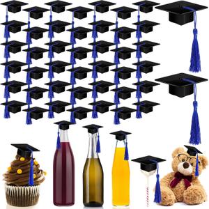Qunclay 60 Pieces Mini Graduation Cap Hats Plastic Grad Cake Supplies Cover Toppers for Graduation Party Decorations(Black Blue)
