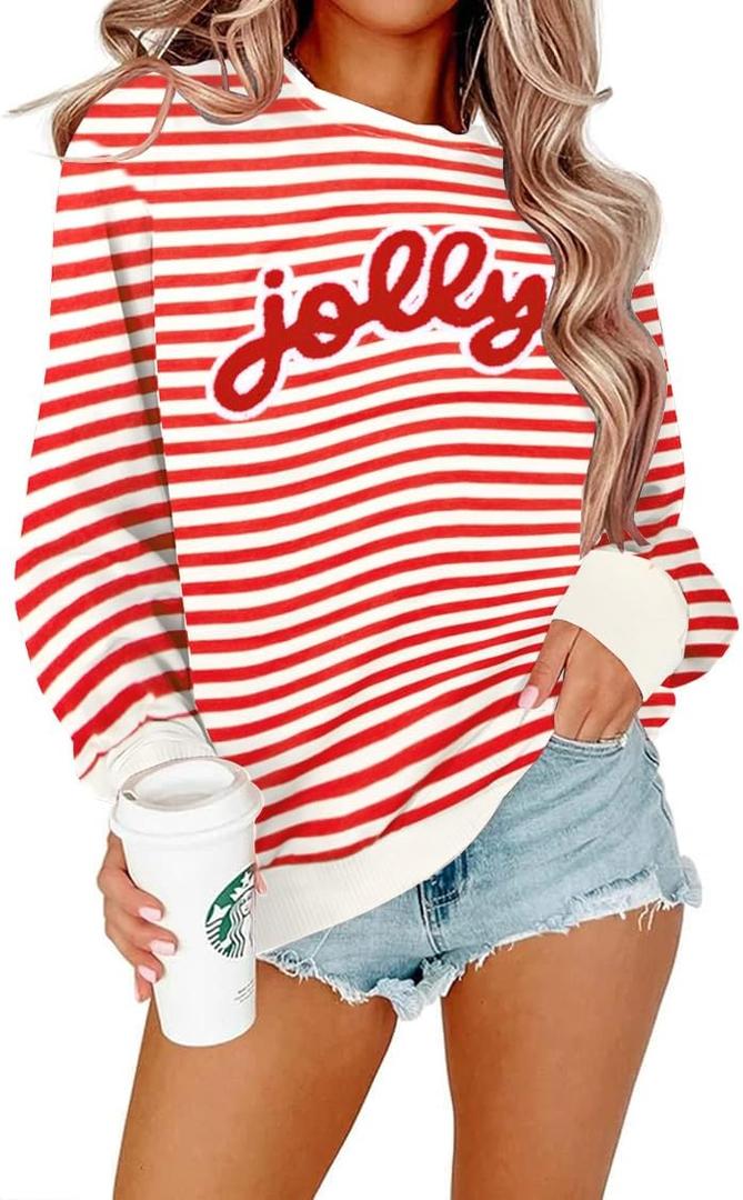 ASTANFY Jolly Sweatshirt Christmas Sequins Sweatshirts Women Glitter Patch Crewneck Sweater Xmas Long Sleeve Pullover (Red Stripe)