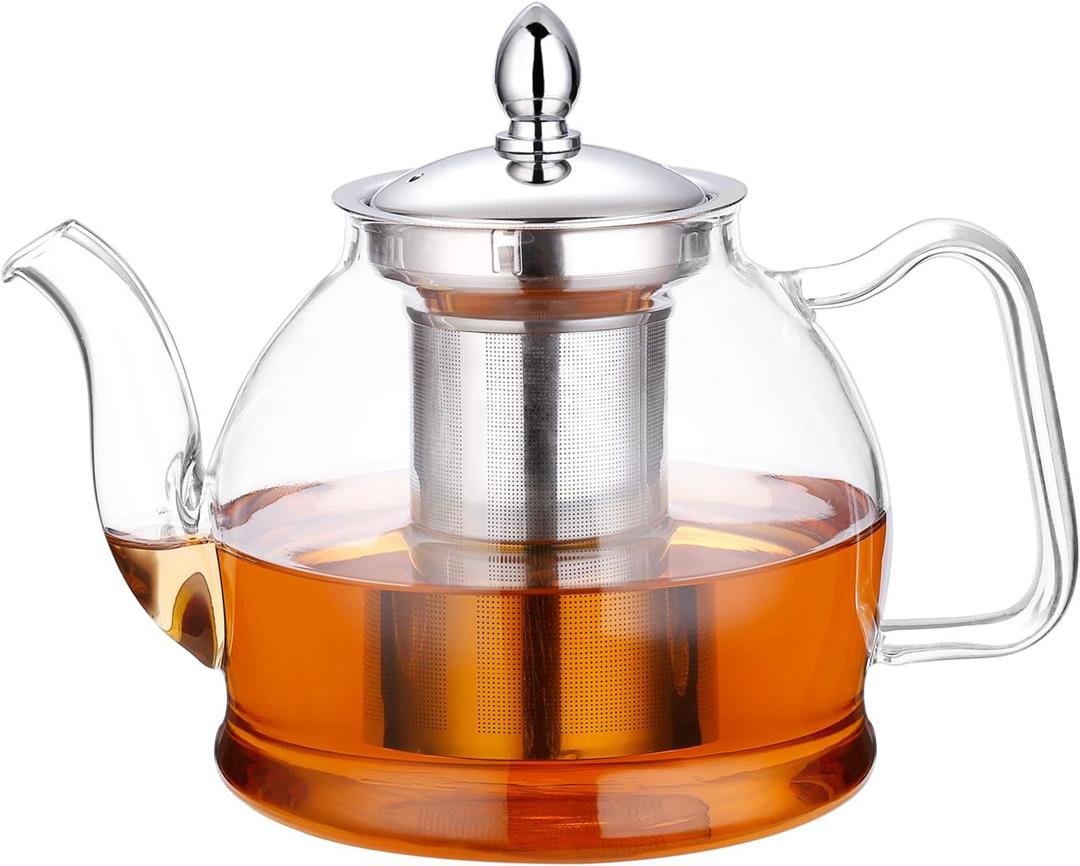 HIWARE 1000ml Glass Teapot with Removable Infuser, Stovetop Safe Tea Kettle, Blooming and Loose Leaf Tea Maker Set (33 oz)