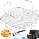 8 inch Square Air Fryer Rack with Food Tong & Oil Brush, Lancisism Stainless Steel Dehydrator Rack Square Air Fryer Accessories for Air Fryers-8.278.273.6inch (Silver)