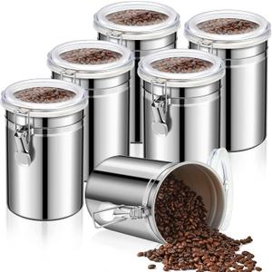 Lallisa 6 Pcs Stainless Steel Kitchen Canister 62 fl oz with Airtight Clear Clamp Lid, Metal Food Storage Container Set for Coffee Bean Ground Coffee Flour Sugar Spice Tea Cereal Snack Candy Pantry