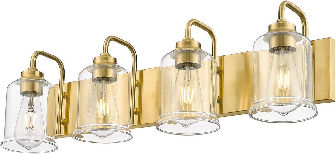 zeyu 4-Light Brushed Gold Vanity Light, Modern Wall Sconces for Mirror Kitchen Bedroom, Bathroom Wall Lights with Clear Glass Shade, ZSL72B-4W BG