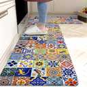 Weesire Boho Kitchen Rugs Set 2 Pieces Memory Foam Colorful Ceramic Comfort Tile Floor Mat Anti Fatigue Non-Skid PVC Runner Rug Water & Oil Proof Carpet for Kitchen Laundry Sink, 17.3x28+17.3x47 Inch