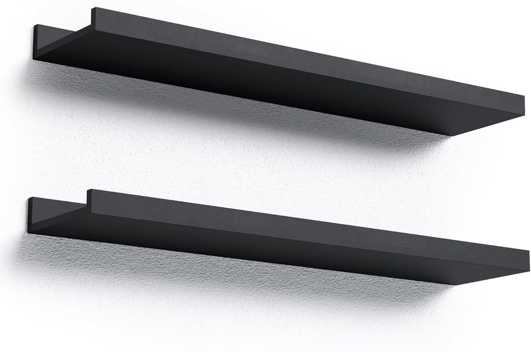Long Floating Shelves Wall Mounted, 2 Set Modern Black Wall Shelf for Bedroom, Nursery Book Shelf with Lip, Picture Ledge Shelf for Wall Decor Living Room Bathroom Kitchen - Black,23.6 In
