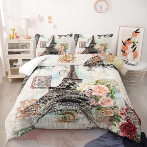 Romantic Eiffel Tower Comforter Set Queen Size for Adults 3Pcs,Retro Style Eiffel and Flowers Bedding Set Soft Comfoter for All Season