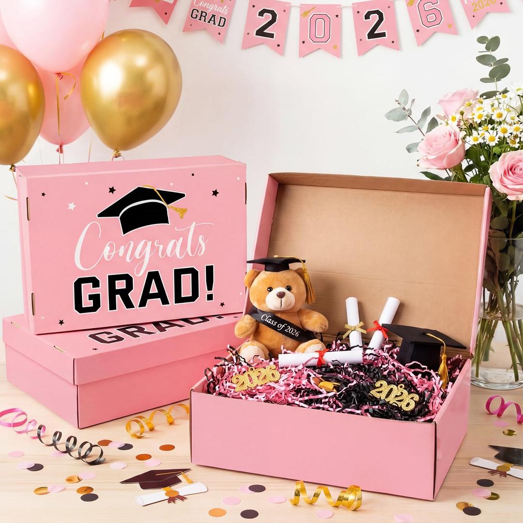 Eersida 6 Pack Graduation Cap Gift Boxes 2026, 14 x 9 x 4 Inch Large Corrugated Keepsake Box Congrats Grad Candy Card Storage High School College Graduation Party Favors Gift for Girls Boy (Pink)