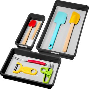 madesmart 3 Bin Pack, Kitchen/Office Drawer Organization, Rubberized Grip for Non-Slip, BPA-Free, Carbon/Light Grey