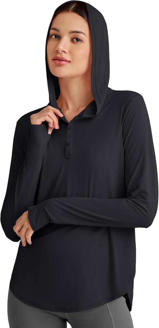 G4Free Lightbreeze Womens UPF 50+ Sun Shirts with Hoodie Long Sleeve Workout Tops Half Zip Rash Guard Hiking Fishing (Medium, Black)