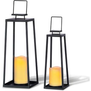 Solar Lantern Decorative Outdoor Set of 2 (18 & 15) Modern Black Metal Lanterns with Solar Candles, Decorative Candle Lanterns for Outdoor Porch, Patio, Garden, Yard Decor