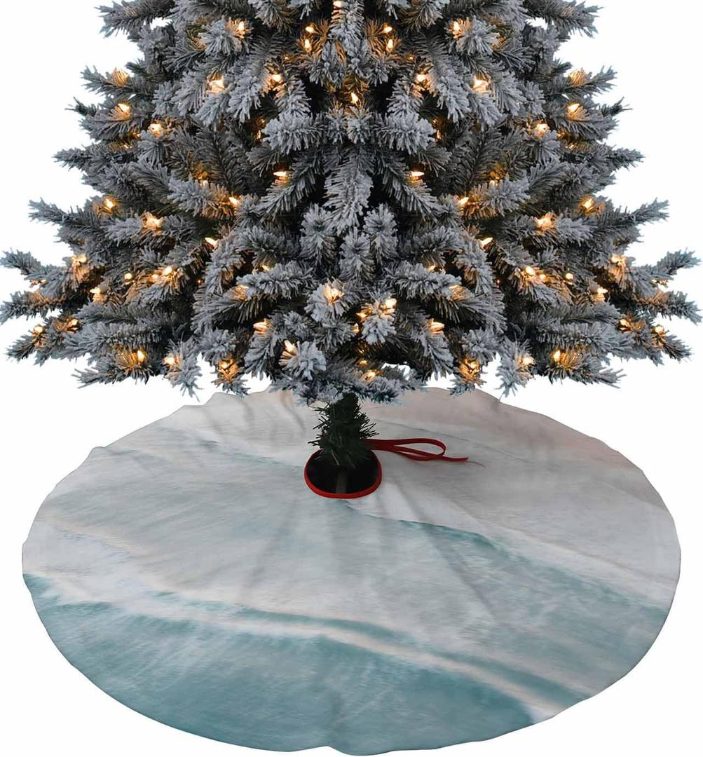 48 Inch Christmas Tree Skirt, Summer Beach Tree Skirt Christmas Decorations Indoor Outdoor, Ocean Nautical Coastal Seaside Aqua Beige Xmas Tree Skirts Mats Ornaments for Party Decor