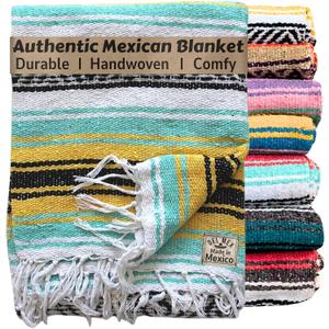 Del Mex Classic Mexican Blanket, Large Authentic Woven Falsa Throw (70"x50"), Artisan Southwest Dcor for Beach, Yoga, Outdoors (Mint/Yellow)