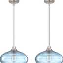 2 Pack 1 Light 10" Kitchen Island Hanging Pendant Light Farmhouse Dining Ancient Blue Glass Shade Light Fixture,with Brushed Nickel Finish for Bathroom,Over Sink