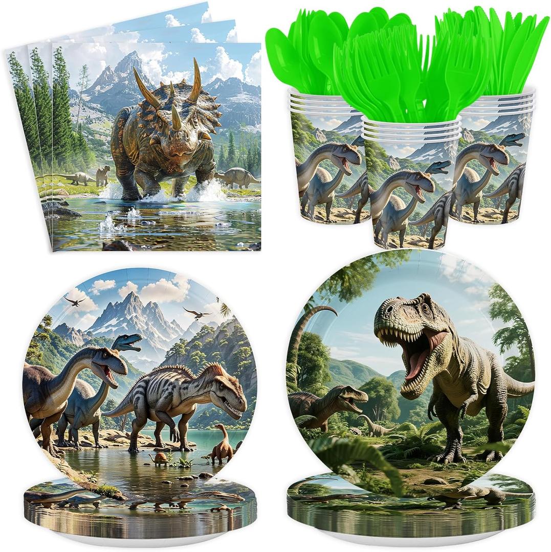 Dinosaur Birthday Decorations, 168 Pcs Dinosaur Party Supplies Includes Plates Napkins Cups for 24 Guests, Dino World Themed Tableware Set Dinosaurs Theme Birthday Party Decoration