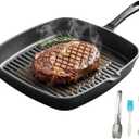 Cast Iron Grill Pan, 9.5 inch Square Grill Pan Skillet with Pour Spout, Cast Iron Griddle Pan with Small Meat Tong, Oil Brush & Hemp Rope for Stove Tops, Gas, Induction, Grill, Campfire, Oven Safe