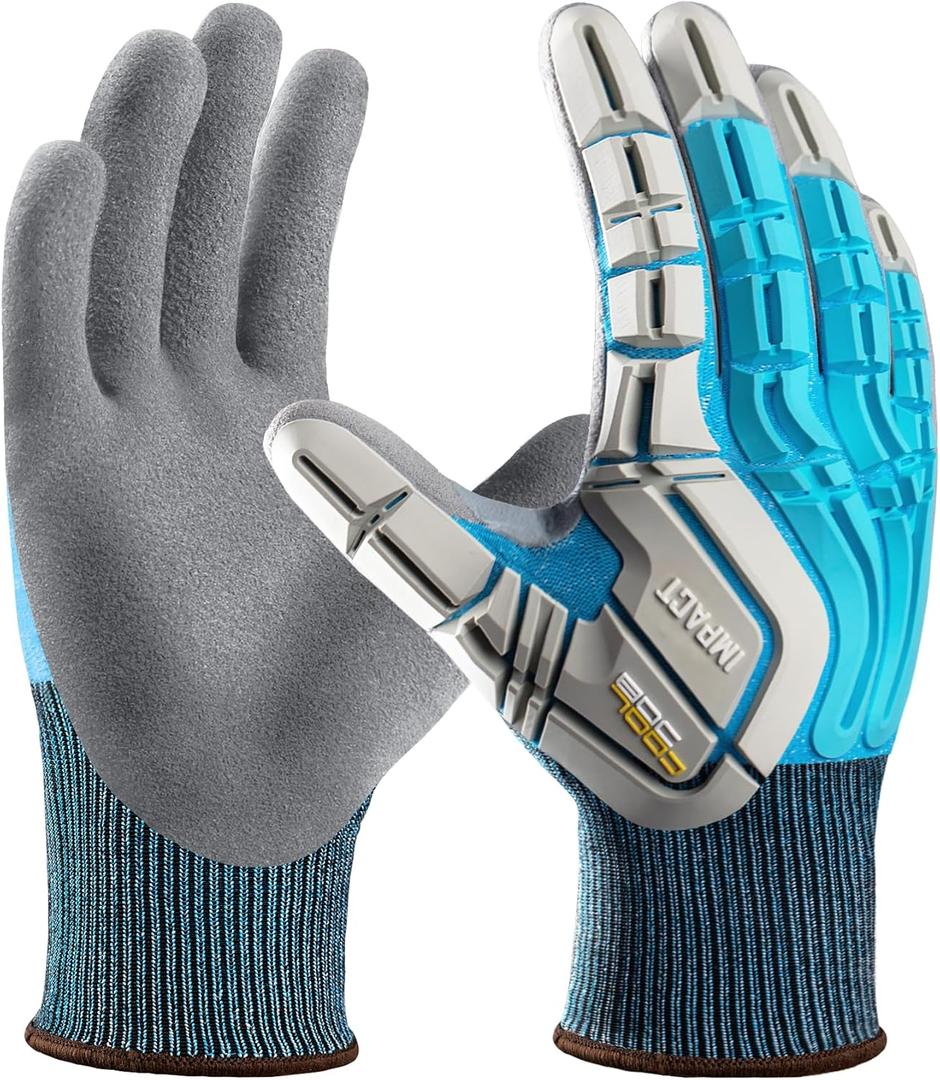 COOLJOB TPR Impact Resistant Safety Work Gloves with Grip, Sandy Nitrile Dipped Utility Gloves for Construction Workers, Size L