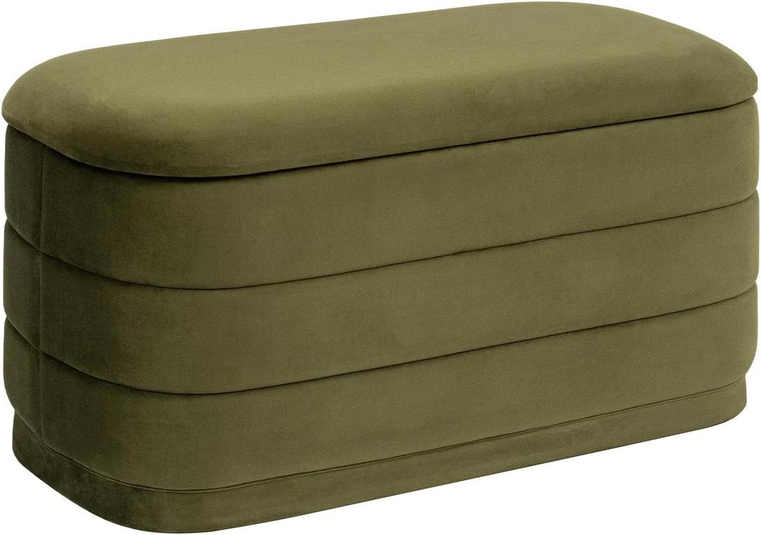 30" Velvet Storage Ottoman Bench with Wooden Tray Lid, Folding Large Upholstered Ottoman Footstool for Living Room, Rectangular Padded Foot Rest for Bedroom Living Room Dorm, Olive Green, 30"D x 15"W x 15"H