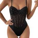 SweatyRocks Women's Corset Bodysuit Mesh Sheer Sleeveless Cami Jumpsuit Shirts Tops (Large, Black)
