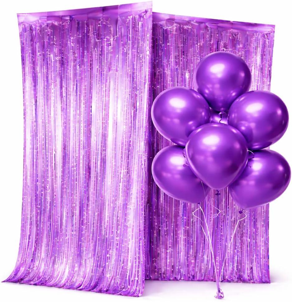 3 x Fringe Backdrop - Purple Foil Fringe Curtains – 2 Pack with 5 Matching Balloons | Party Backdrop & Decorations for Birthday, Mardi Gras, Graduation & Royal Theme (3.3 × 6.6 ft)