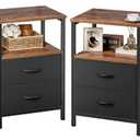 Huuger Night Stand Set of 2, Nightstand with 2 Drawers, Bed Side Table with Open Shelf, Wooden Top, End Table, Fabric Drawer, for Bedroom, Rustic Brown and Black