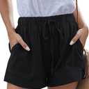  Womens Lightweight Shorts Casual Baggy Trendy Hot Pants Elastic Waist Drawstring Comfy Shorts, Black Medium
