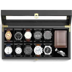 Watch Box Organizer for Men, 10 Slot Watch Display Case With Glass Lid, Wooden Watch Storage Mens Watch Case, Watch Holder Organizer for Men Women -10 Slot, Black
