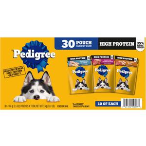 Pedigree High Protein Adult Soft Wet Dog Food Variety Pack, 3.5 oz. Pouches, 30 Count (EXP 08/01/26)