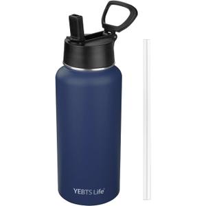Insulated Water Bottle With Straw,32 oz Vacuum Insulated Stainless Steel Sports Water Flask, Keeps Cold and Hot, Metal Water Bottle Wide Mouth for Gym Travel Camping (Nave blue)